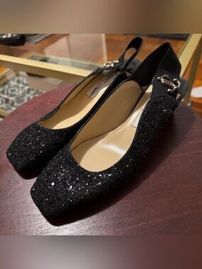 Jimmy Choo Black Glitter Slingback Flats with Silver Buckle